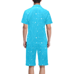 Airplane destinations blue background Men's V-Neck Short Pajama Set