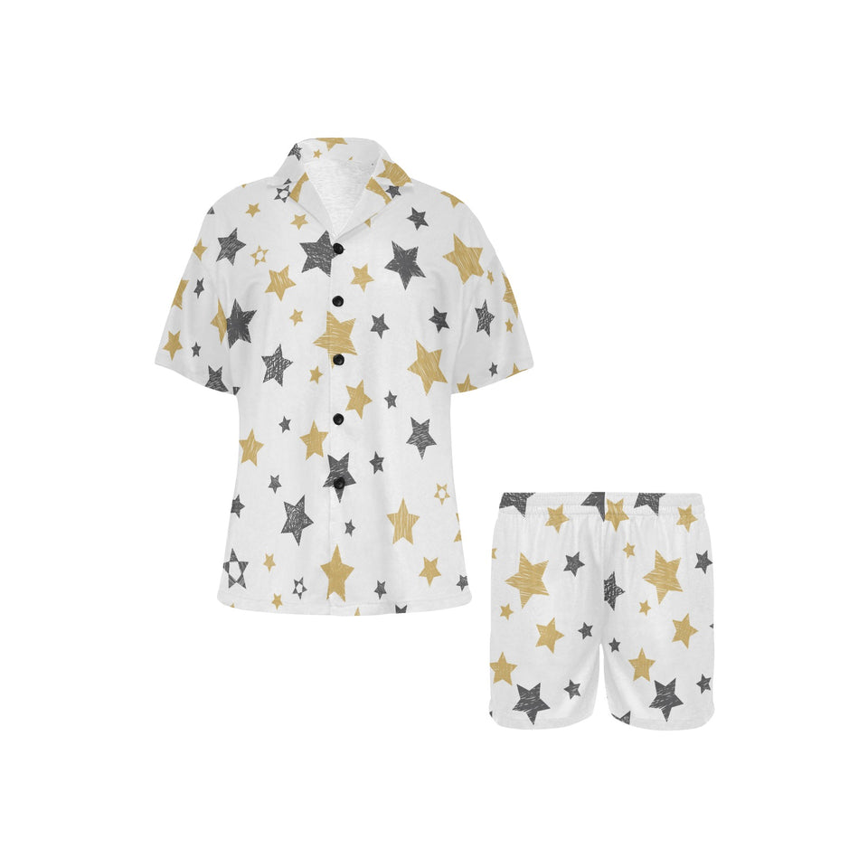 hand drawn gold black star pattern Women's V-Neck Short Pajama Set