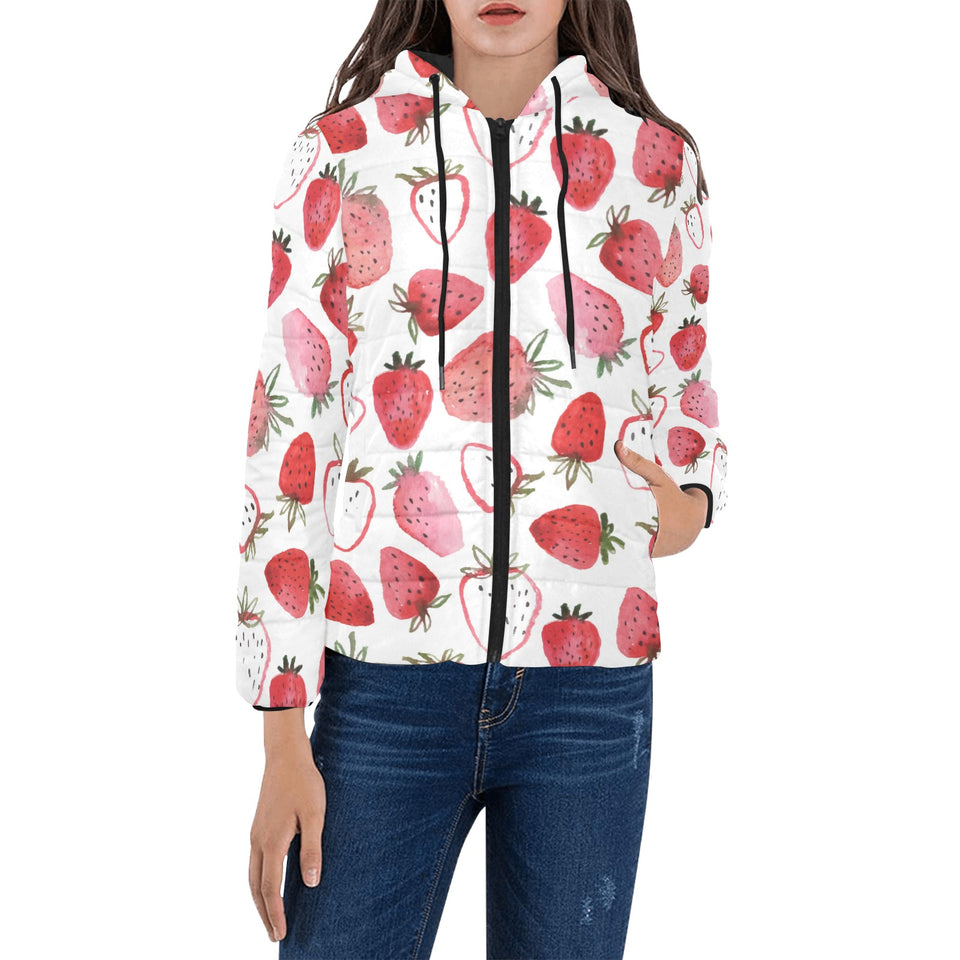 watercolor hand drawn beautiful strawberry pattern Women's Padded Hooded Jacket