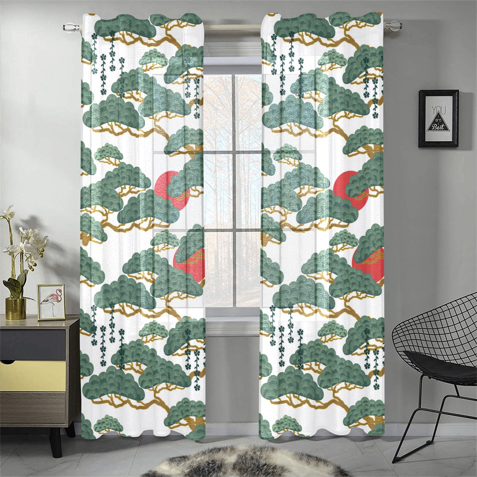 Bonsai red sun japanese pattern Gauze Curtain