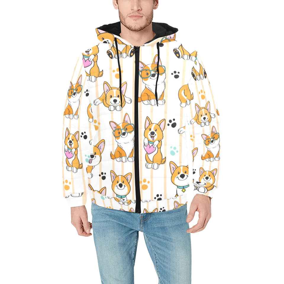 Cute dog corgi striped background pattern Men's Padded Hooded Jacket