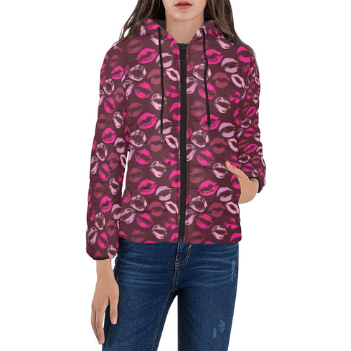 Lips Pattern Print Design 03 Women's Padded Hooded Jacket