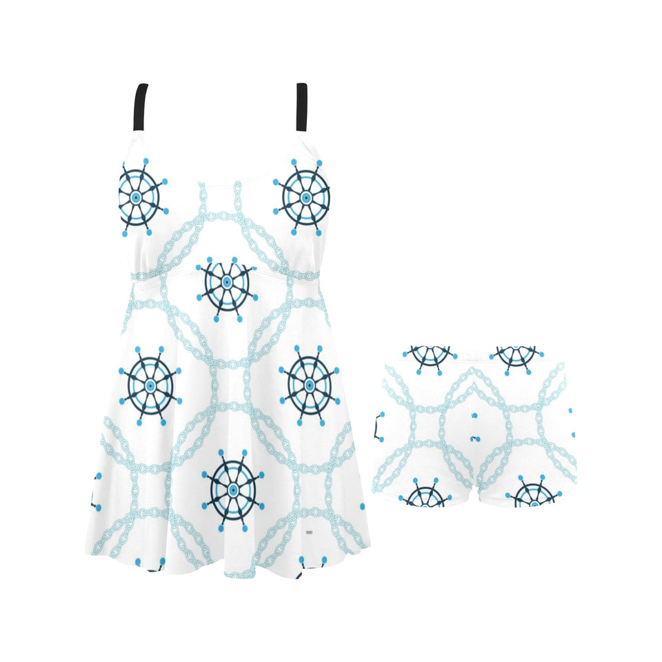 nautical steering wheel chain Chest Sexy Pleated Two Piece Swim Dress