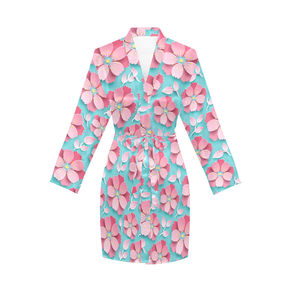 3D sakura cherry blossom pattern Women's Long Sleeve Belted Night Robe