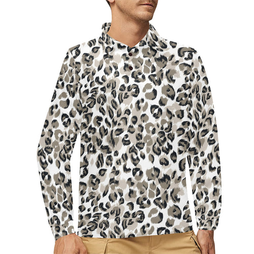 Leopard skin print pattern Men's Long Sleeve Polo Shirt