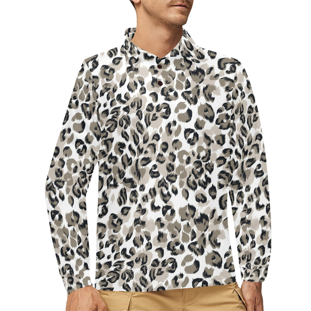 Leopard skin print pattern Men's Long Sleeve Polo Shirt