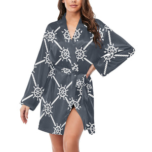 nautical steering wheel rope pattern Women's Long Sleeve Belted Night Robe