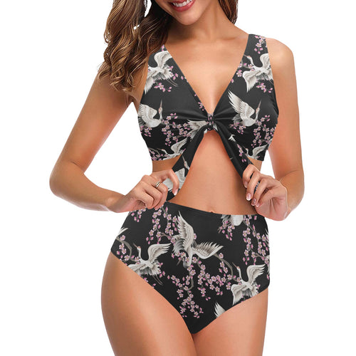 Japanese crane pink sakura pattern Chest Bowknot High Waisted Bikini Swimsuit