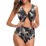 Japanese crane pink sakura pattern Chest Bowknot High Waisted Bikini Swimsuit