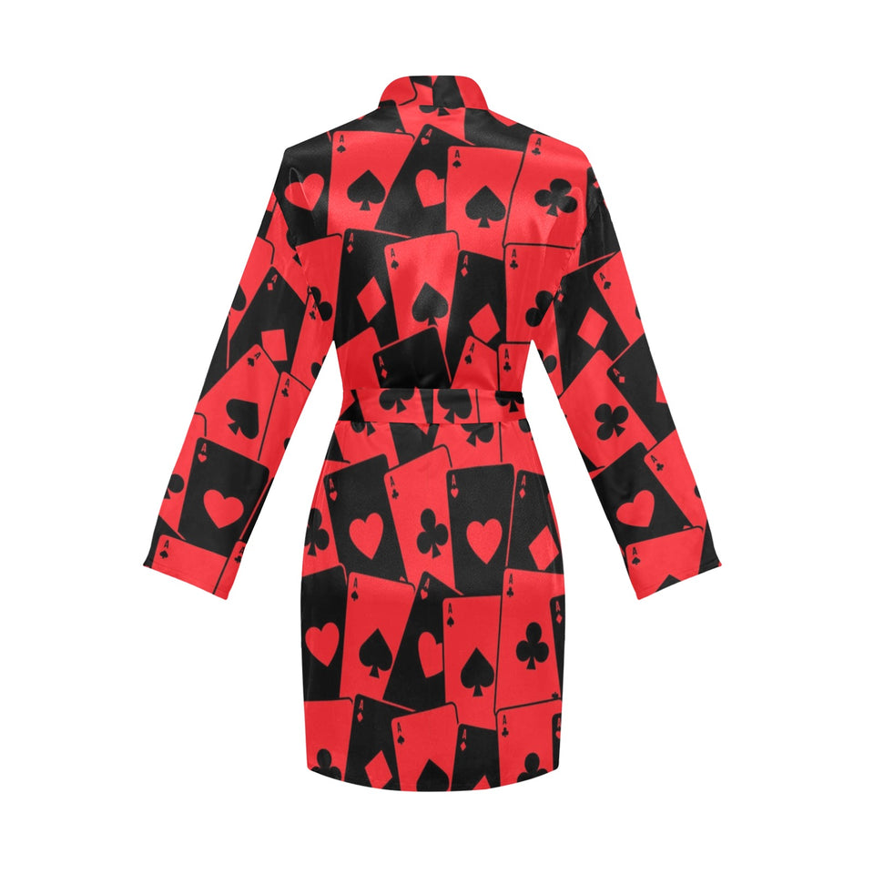 Casino Cards Suits Pattern Print Design 02 Women's Long Sleeve Belted Night Robe