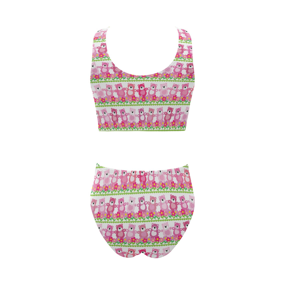 Teddy Bear Pattern Print Design 04 Chest Bowknot High Waisted Bikini Swimsuit