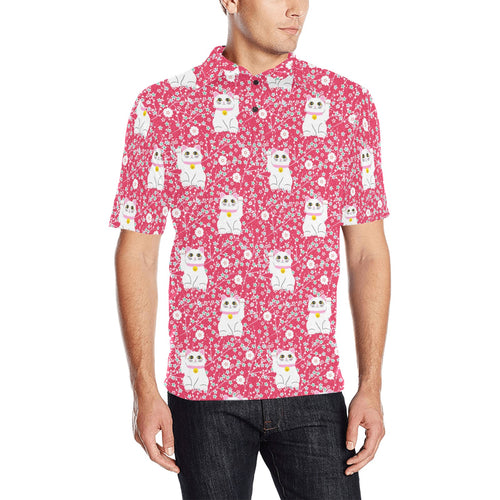 Maneki neko cat sakura pink background Men's All Over Print Polo Shirt