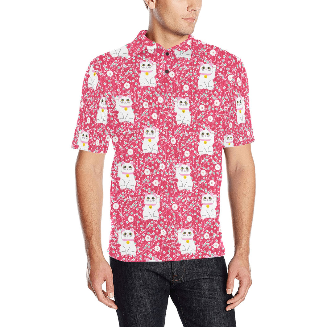 Maneki neko cat sakura pink background Men's All Over Print Polo Shirt