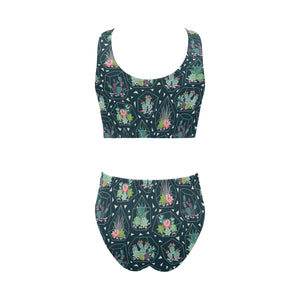 Cactus glass terrarium pattern Chest Bowknot High Waisted Bikini Swimsuit