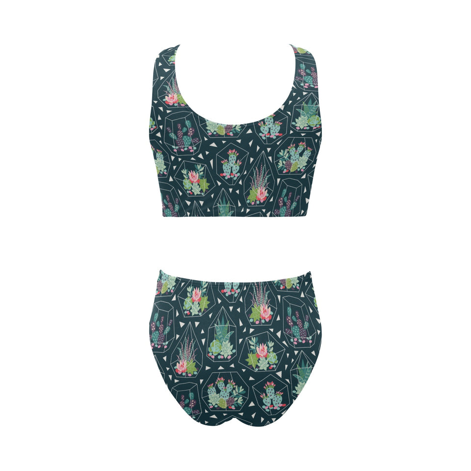 Cactus glass terrarium pattern Chest Bowknot High Waisted Bikini Swimsuit