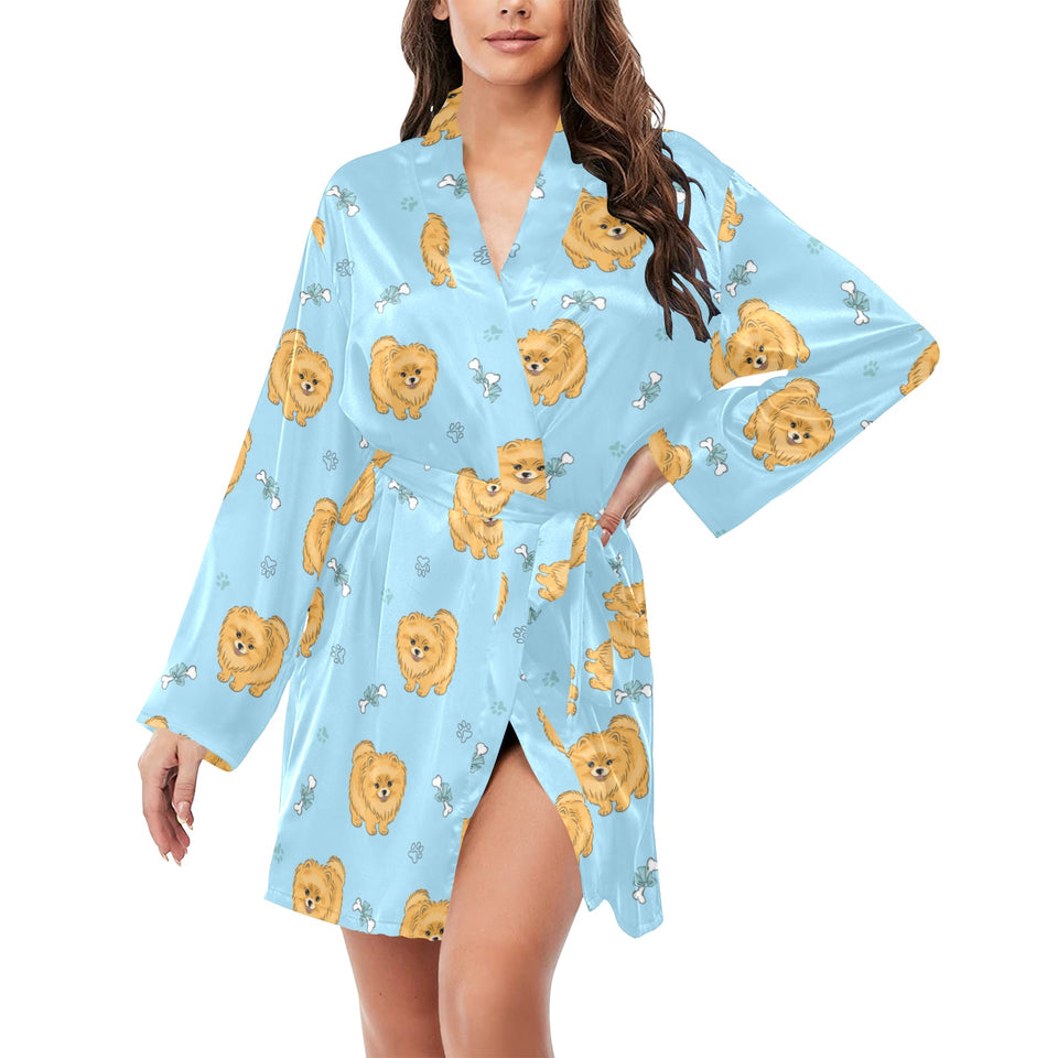 Brown cute pomeranian blue blackground Women's Long Sleeve Belted Night Robe