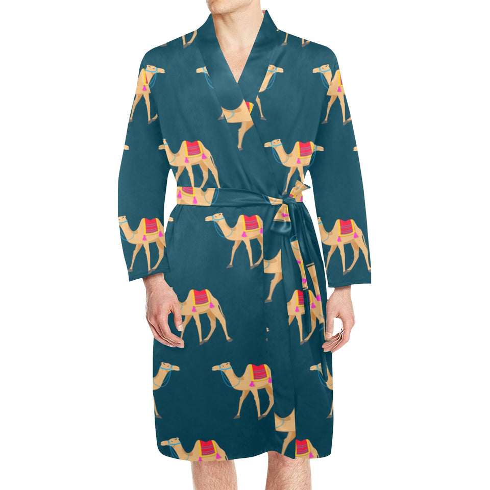 Camel pattern blue blackground Men's Long Sleeve Belted Night Robe