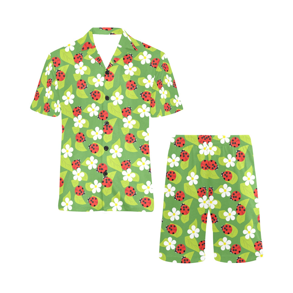Ladybug Pattern Print Design 01 Men's V-Neck Short Pajama Set