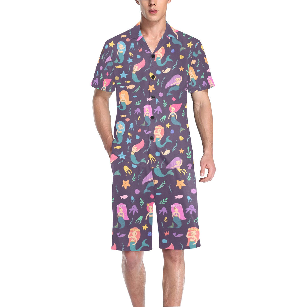 beautiful mermaid Fish jellyfish algae other marin Men's V-Neck Short Pajama Set
