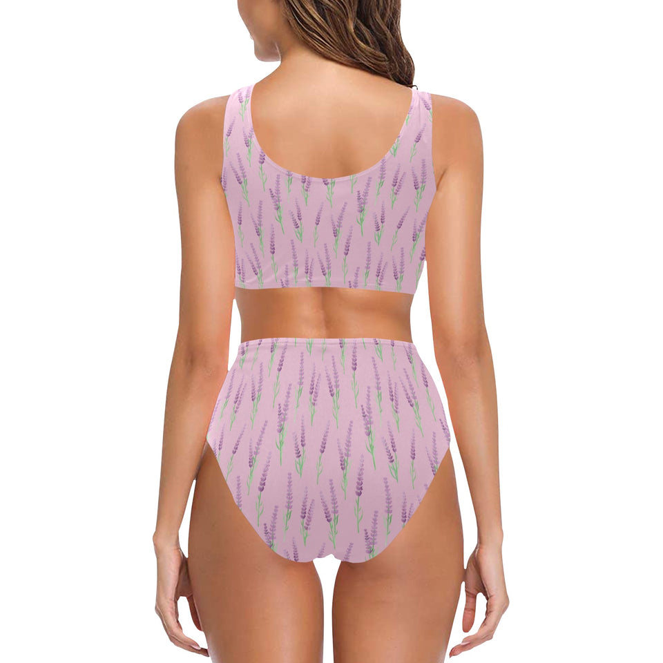 Lavender pattern pink background Chest Bowknot High Waisted Bikini Swimsuit