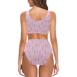 Lavender pattern pink background Chest Bowknot High Waisted Bikini Swimsuit