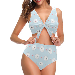 White cute pomeranian pattern Chest Bowknot High Waisted Bikini Swimsuit