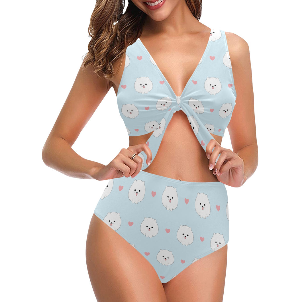 White cute pomeranian pattern Chest Bowknot High Waisted Bikini Swimsuit