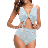 White cute pomeranian pattern Chest Bowknot High Waisted Bikini Swimsuit