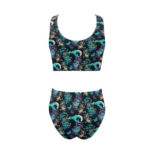 Dragon sea wave pattern Chest Bowknot High Waisted Bikini Swimsuit