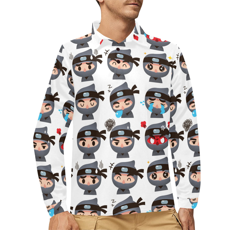 Cute ninja design pattern Men's Long Sleeve Polo Shirt