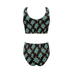 Sea turtle blue stone pattern Chest Bowknot High Waisted Bikini Swimsuit