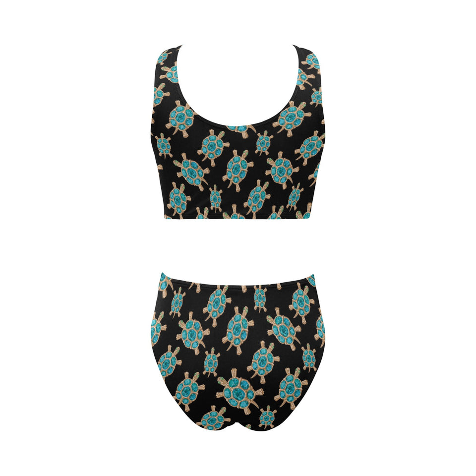 Sea turtle blue stone pattern Chest Bowknot High Waisted Bikini Swimsuit