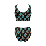 Sea turtle blue stone pattern Chest Bowknot High Waisted Bikini Swimsuit