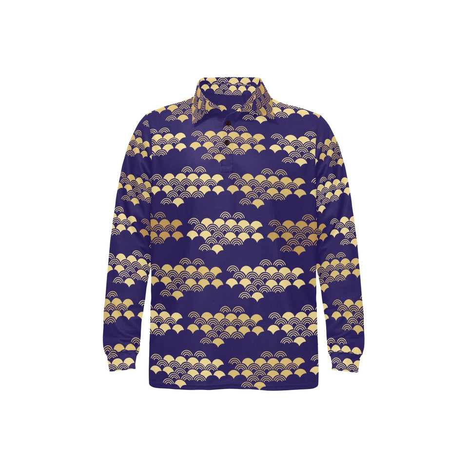 Beautiful japanese fan pattern Men's Long Sleeve Polo Shirt