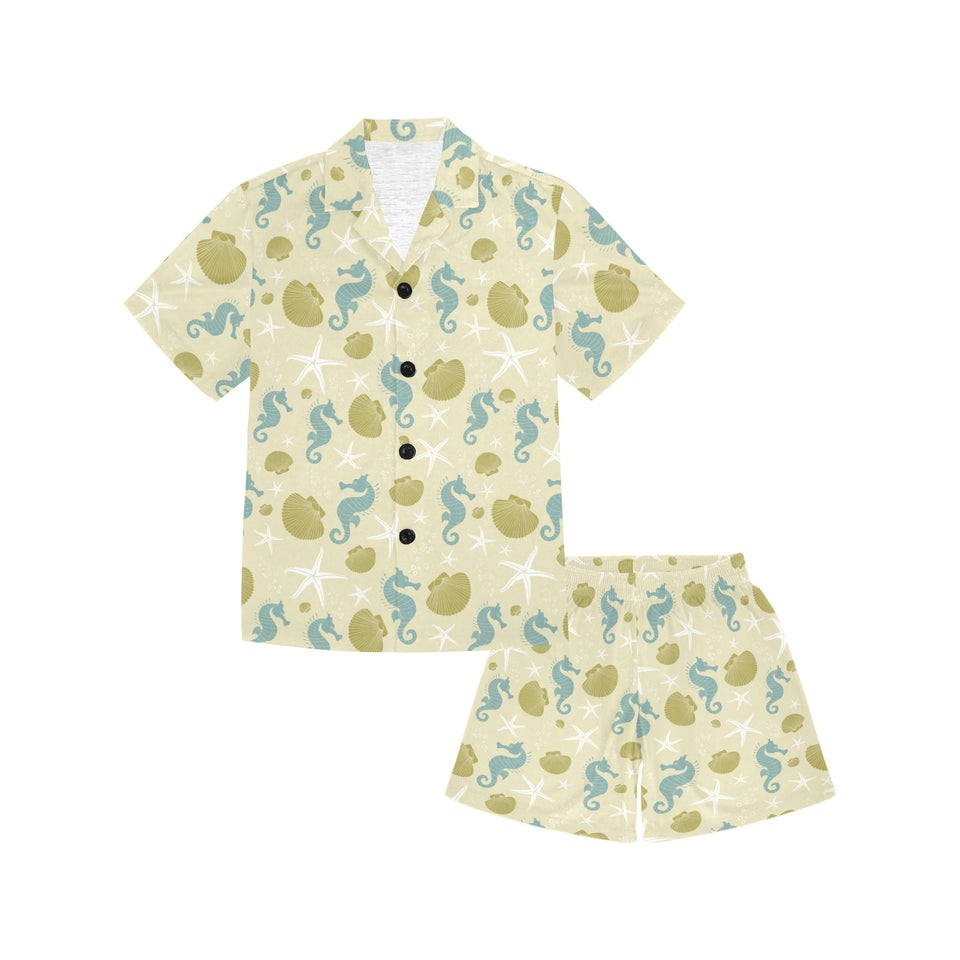 Seahorse shell starfish pattern background Kids' Boys' Girls' V-Neck Short Pajama Set