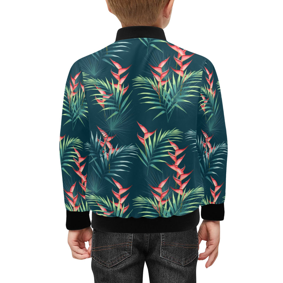 heliconia flowers, palm and monstera leaves on bla Kids' Boys' Girls' Bomber Jacket