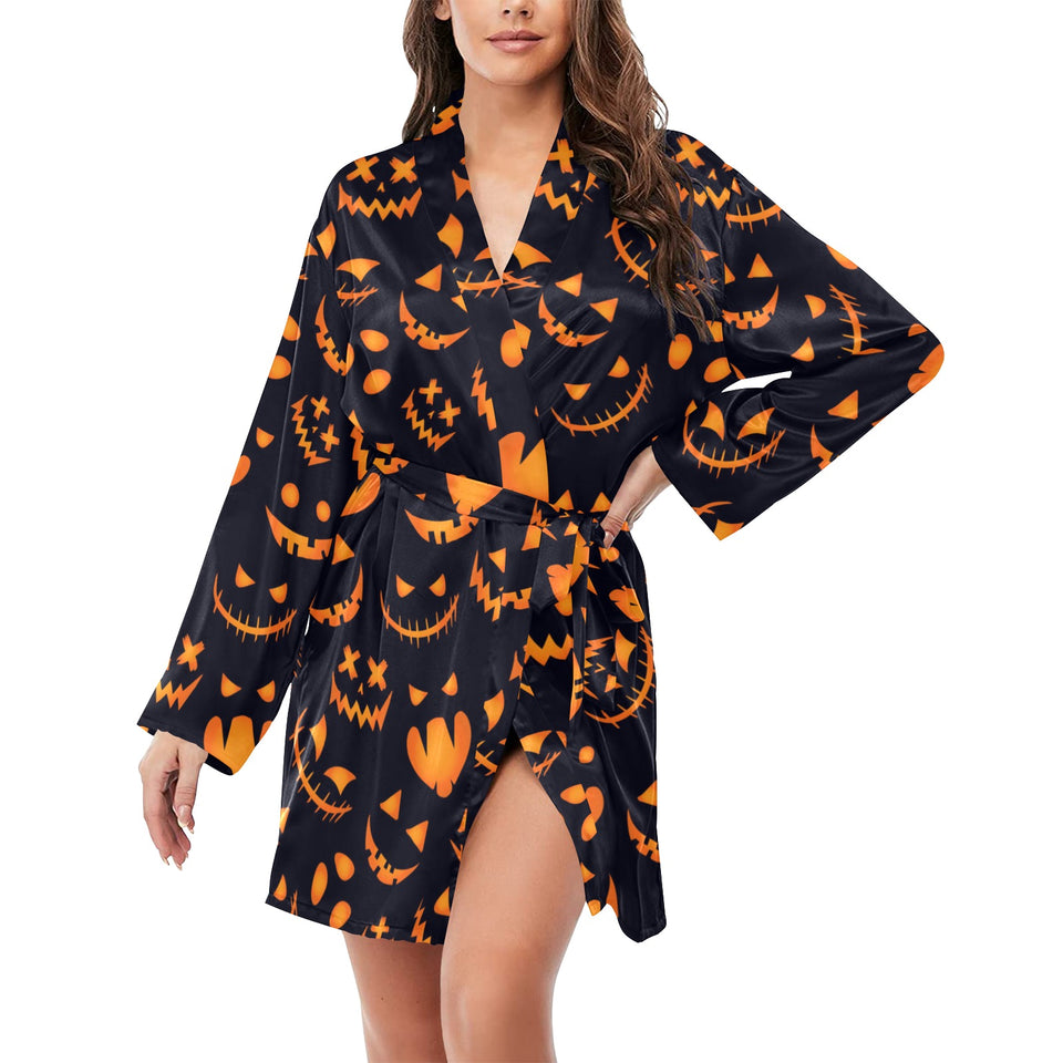 Halloween pattern Pumpkin background Women's Long Sleeve Belted Night Robe