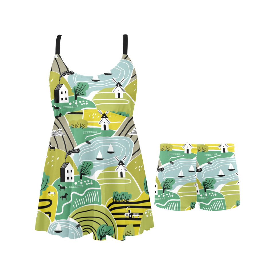 Hand drawn windmill pattern Chest Sexy Pleated Two Piece Swim Dress