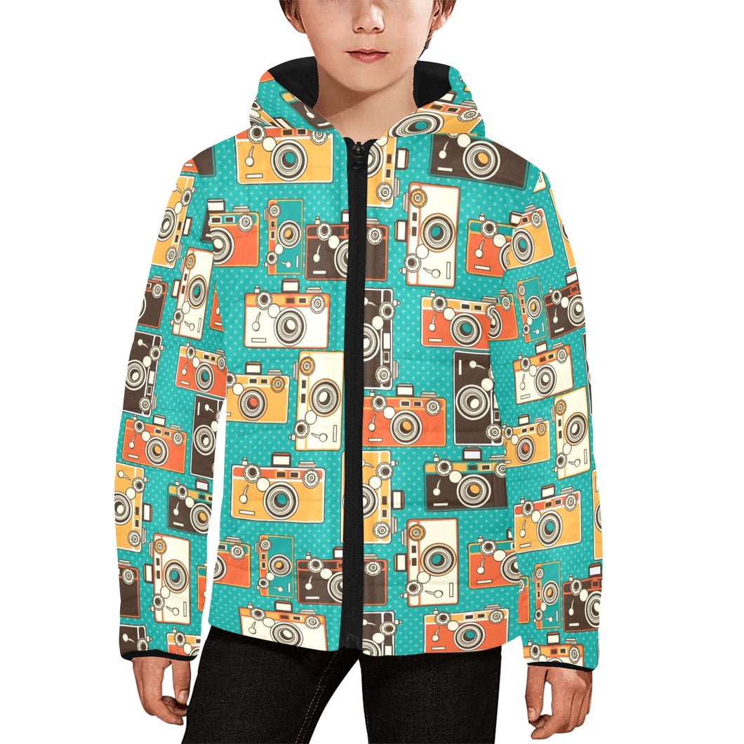 Camera Pattern Print Design 03 Kids' Boys' Girls' Padded Hooded Jacket