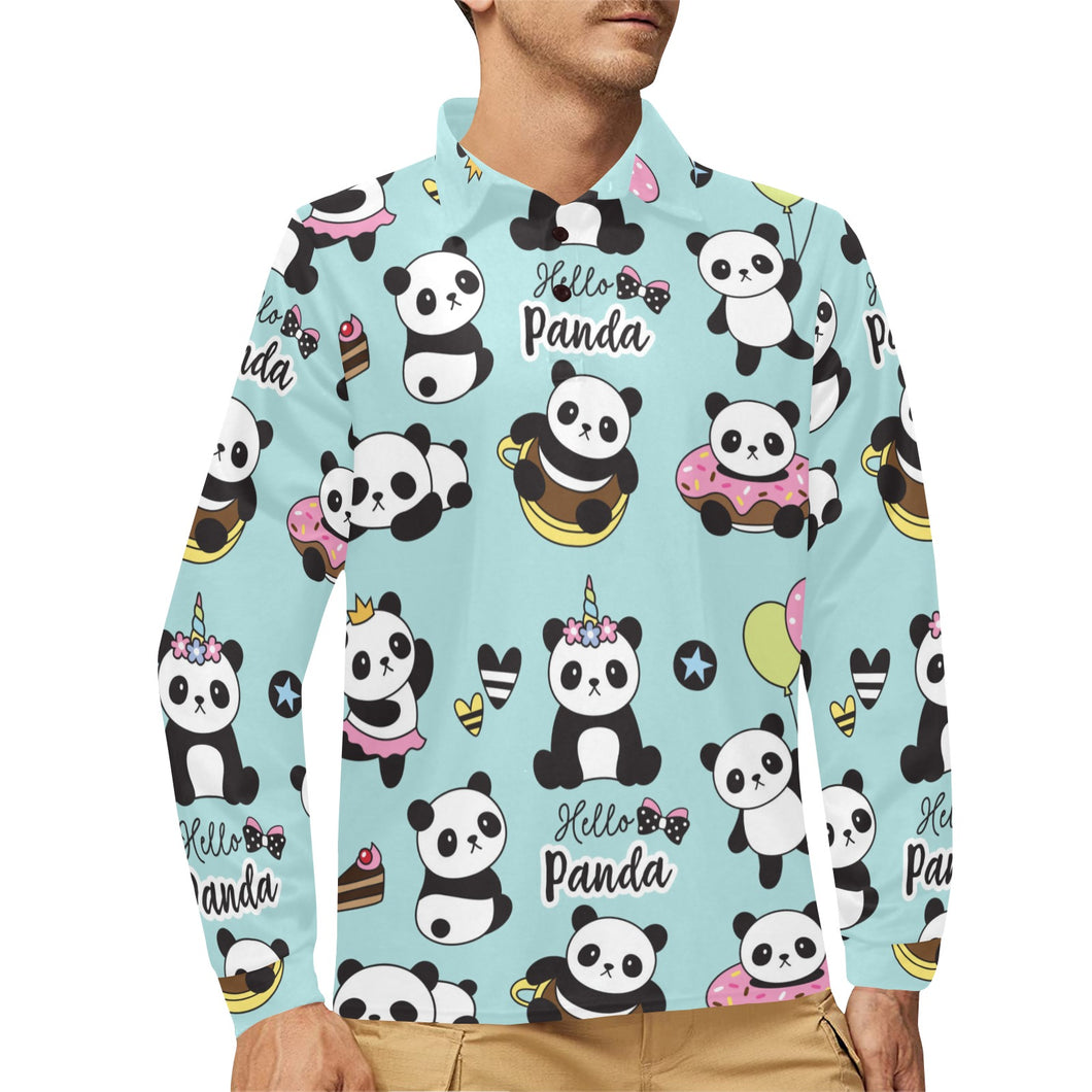 Cute baby panda pattern Men's Long Sleeve Polo Shirt