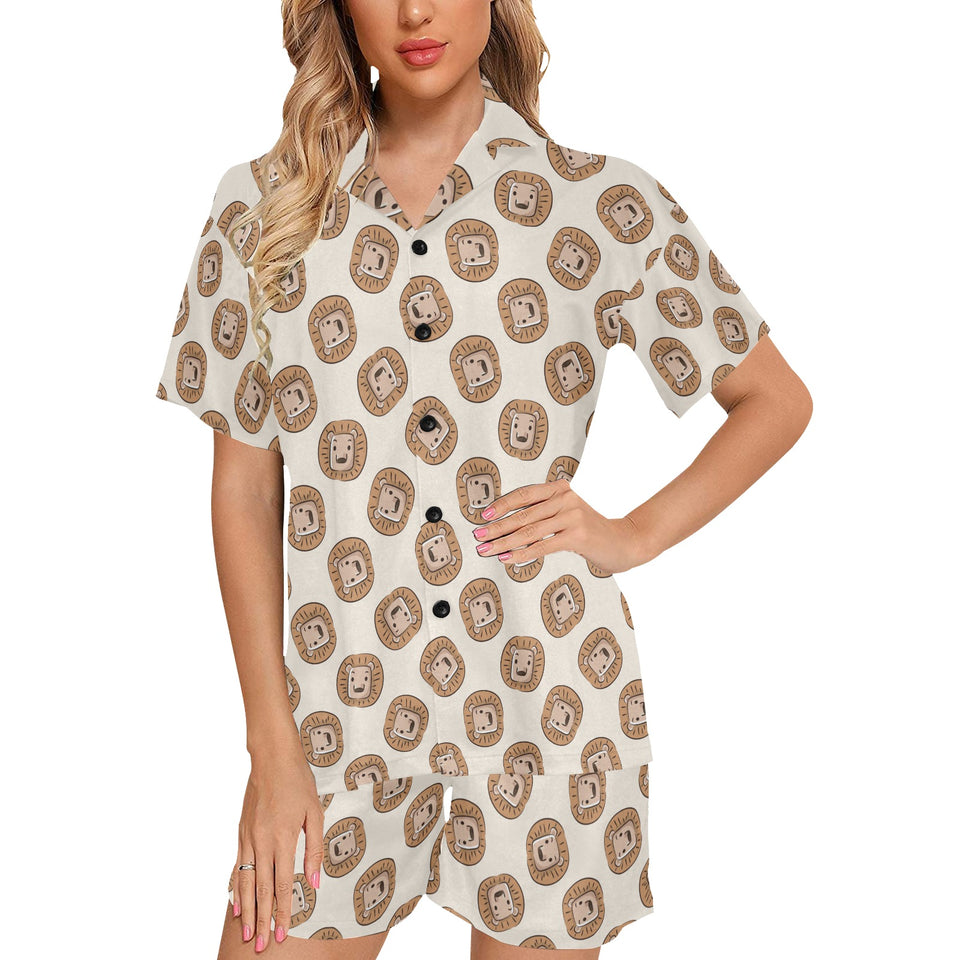 Lion Pattern Print Design 01 Women's V-Neck Short Pajama Set