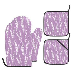 Lavender flowers purple pattern Heat Resistant Oven Mitt With Pot Holder(Four Pieces Set)