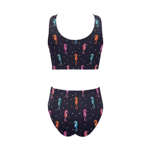 Watercolor colorful seahorse pattern Chest Bowknot High Waisted Bikini Swimsuit