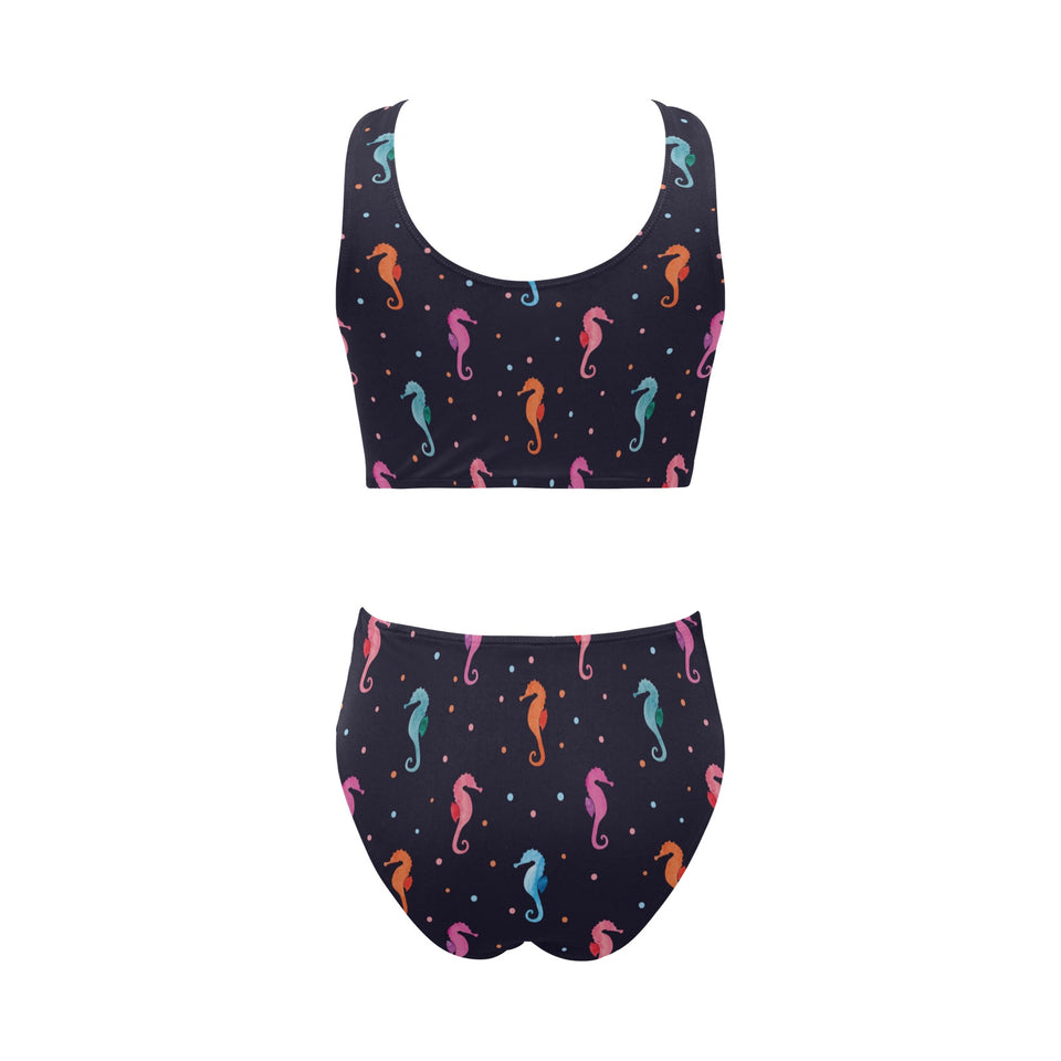 Watercolor colorful seahorse pattern Chest Bowknot High Waisted Bikini Swimsuit