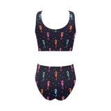 Watercolor colorful seahorse pattern Chest Bowknot High Waisted Bikini Swimsuit