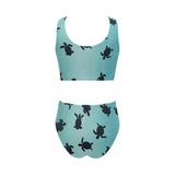 Sea turtle with blue ocean backgroud Chest Bowknot High Waisted Bikini Swimsuit