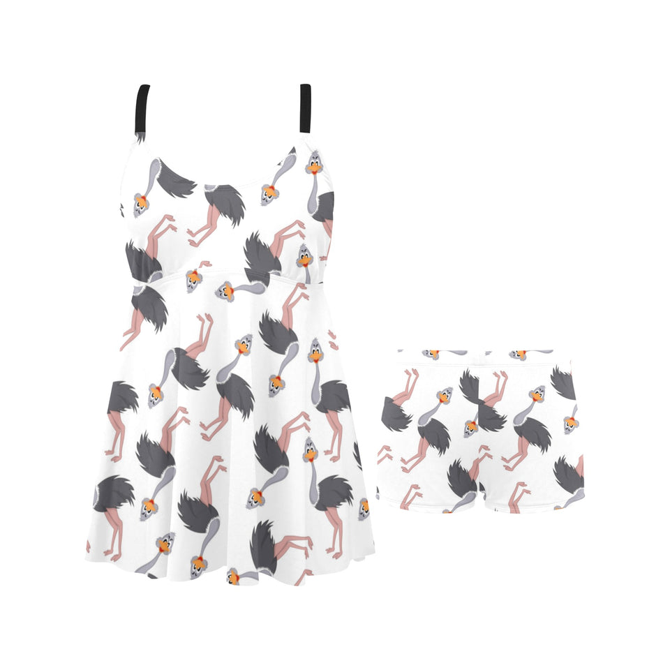 Ostrich Pattern Print Design 02 Chest Sexy Pleated Two Piece Swim Dress