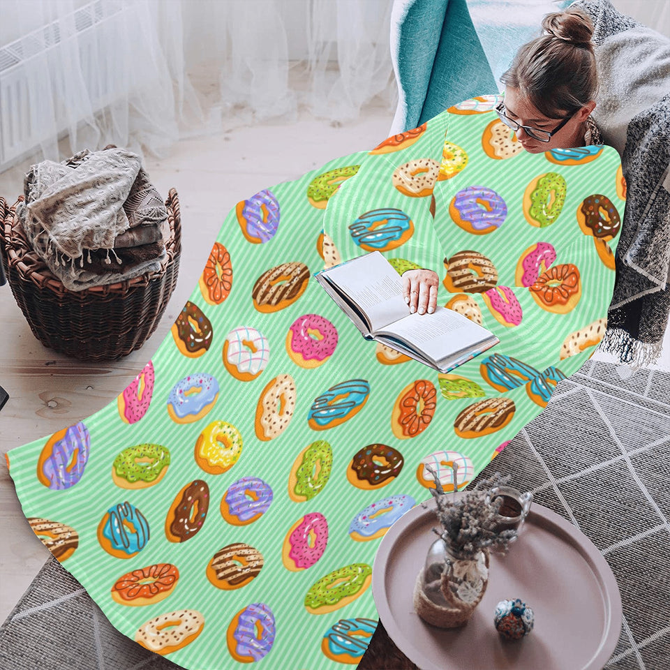 Colorful donut pattern green background Blanket Robe with Sleeves