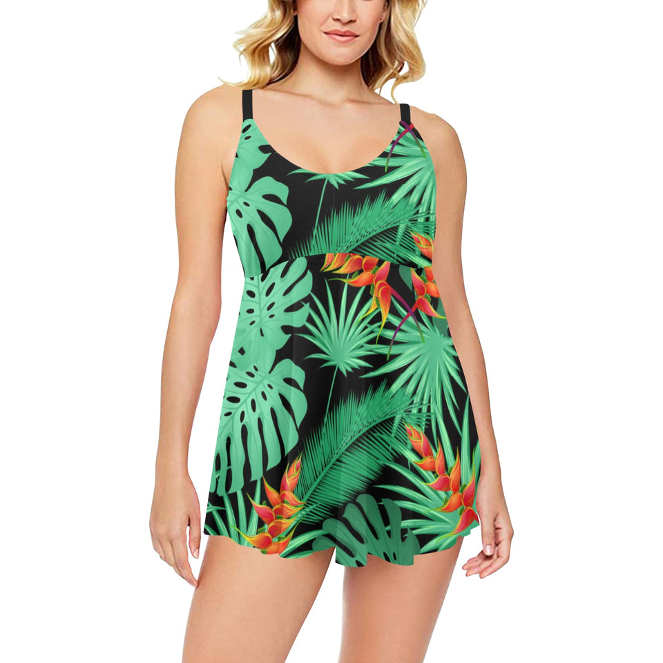 heliconia flower palm monstera leaves black backgr Chest Sexy Pleated Two Piece Swim Dress