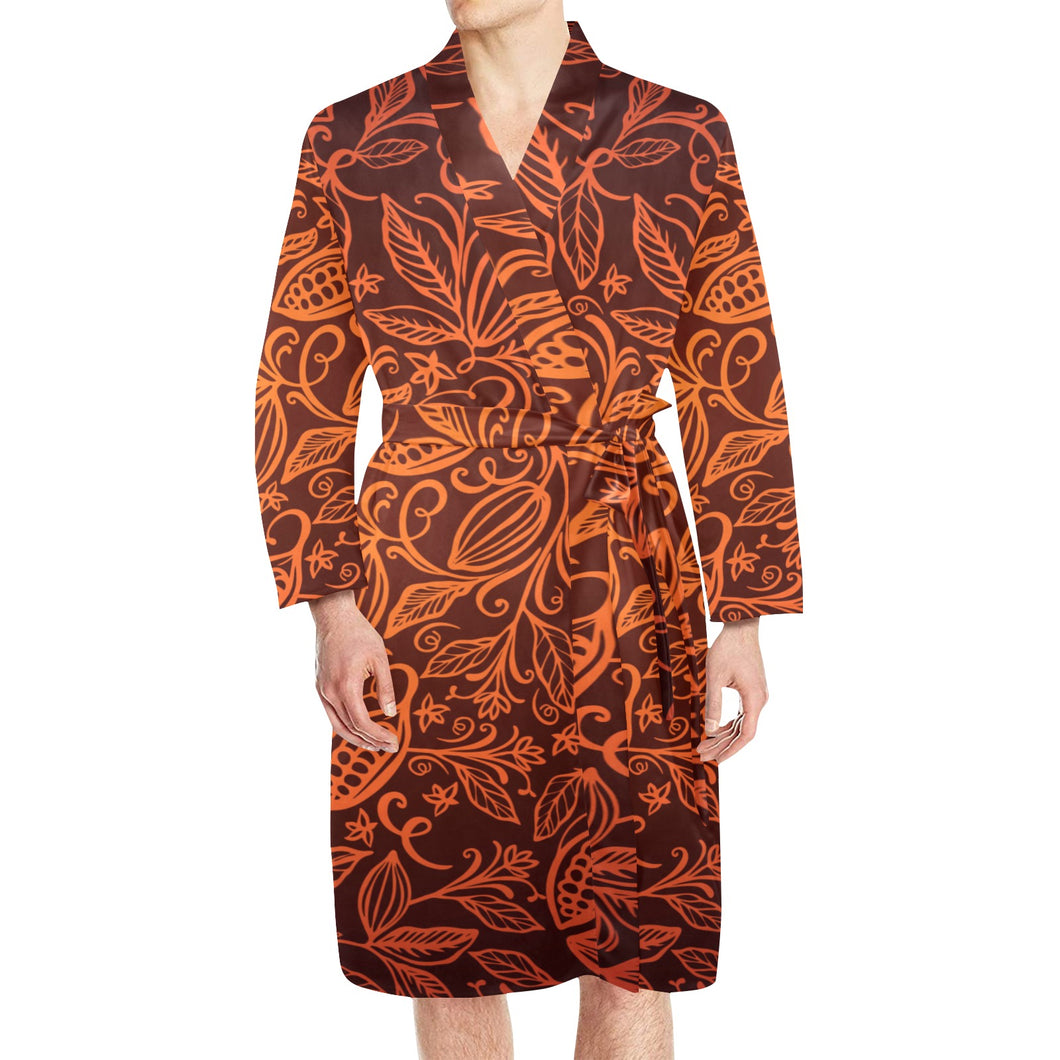 cacao beans tribal polynesian pattern Men's Long Sleeve Belted Night Robe